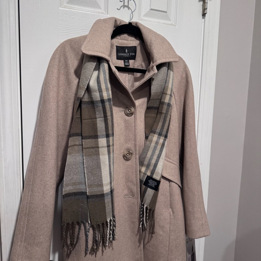 London Fog Tan Pea Coat with Plaid Scarf